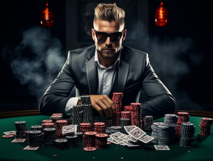 Dealer profesional mengatur kartu komunitas di meja poker studio kasino kami